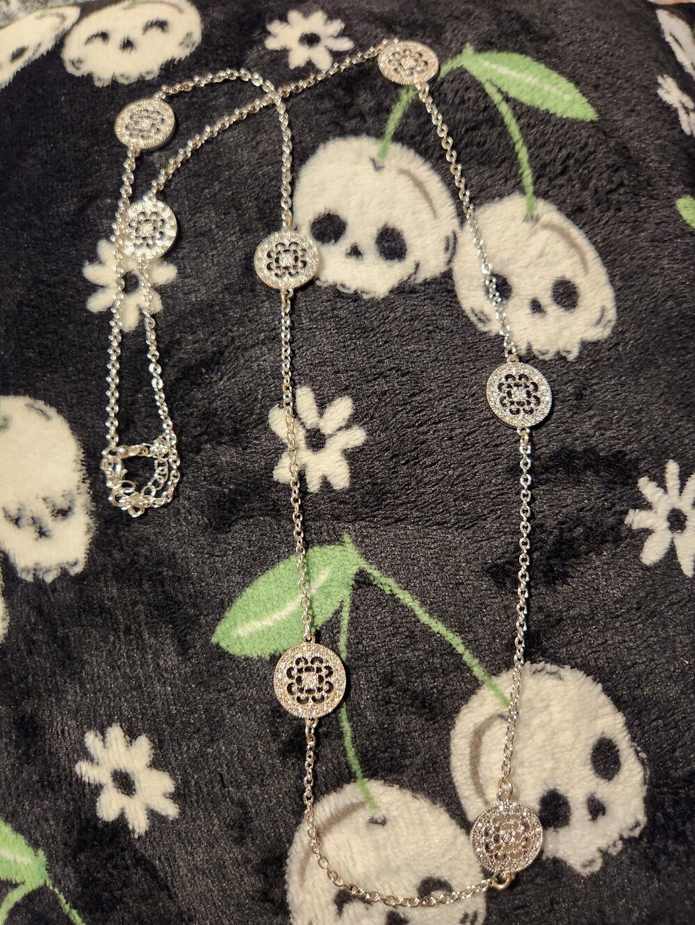 Delicate Silver Floral Disc Long Necklace - Women Accessories